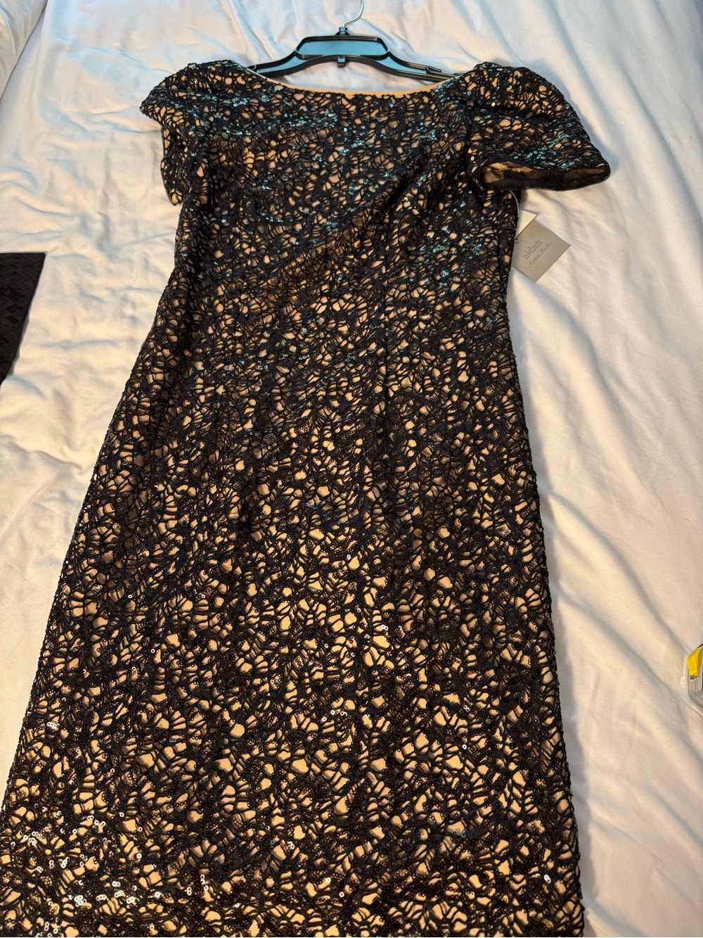 Aidan Mattox Black Lace Dress with Nude Underlay